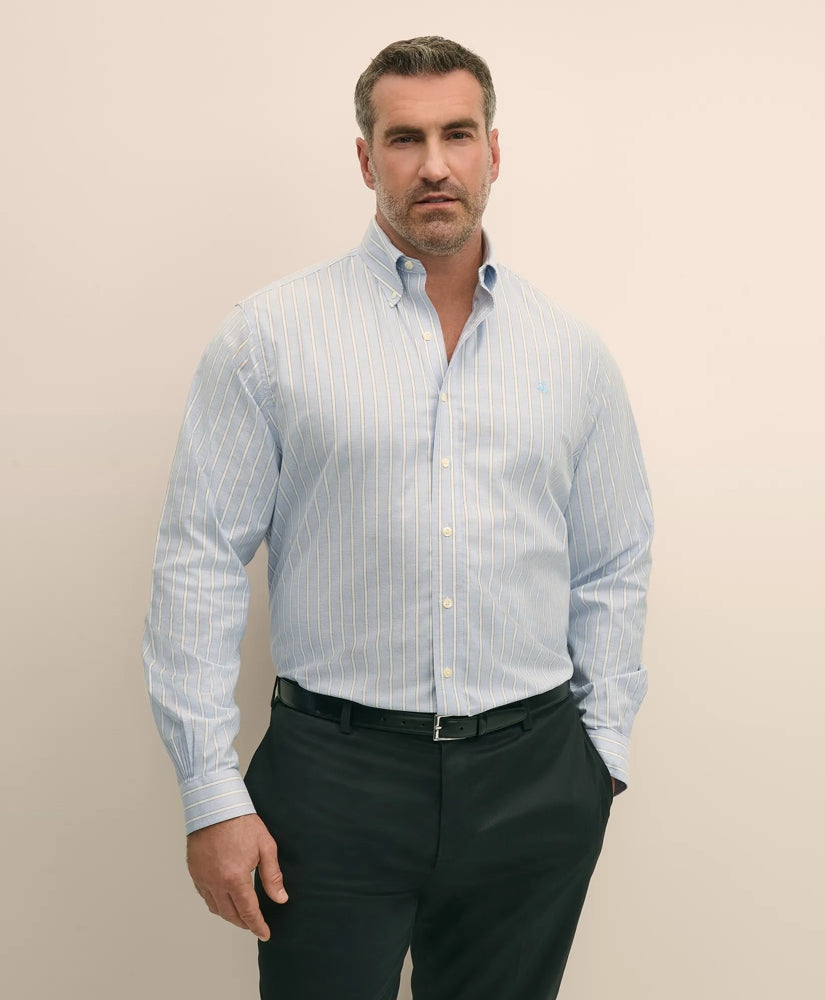 Sale Big & Tall Stretch Cotton Non-Iron Oxford Polo Button Down Collar, Outline Stripe Shirt | Brooks Brothers Online