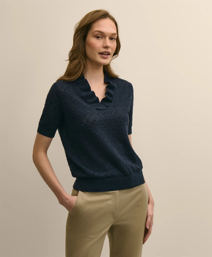 Women Cotton Viscose Short-Sleeve Ruffle Sweater | Brooks Brothers Gift