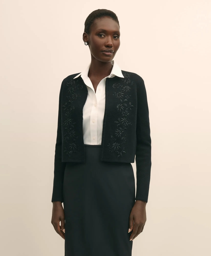 Sale Merino-Wool-Cotton Blend Floral Embellished Cardigan | Brooks Brothers US