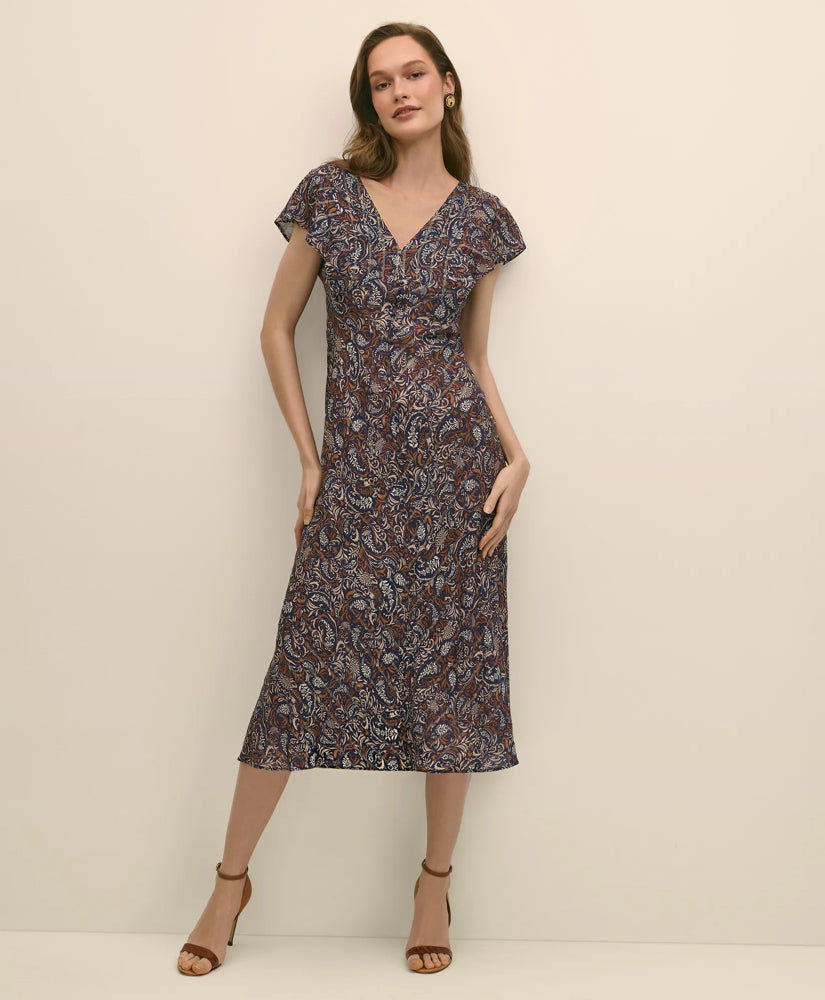 Sale Paisley Shimmer Ruffle-Front Chevron-Stripe Dress | Brooks Brothers US