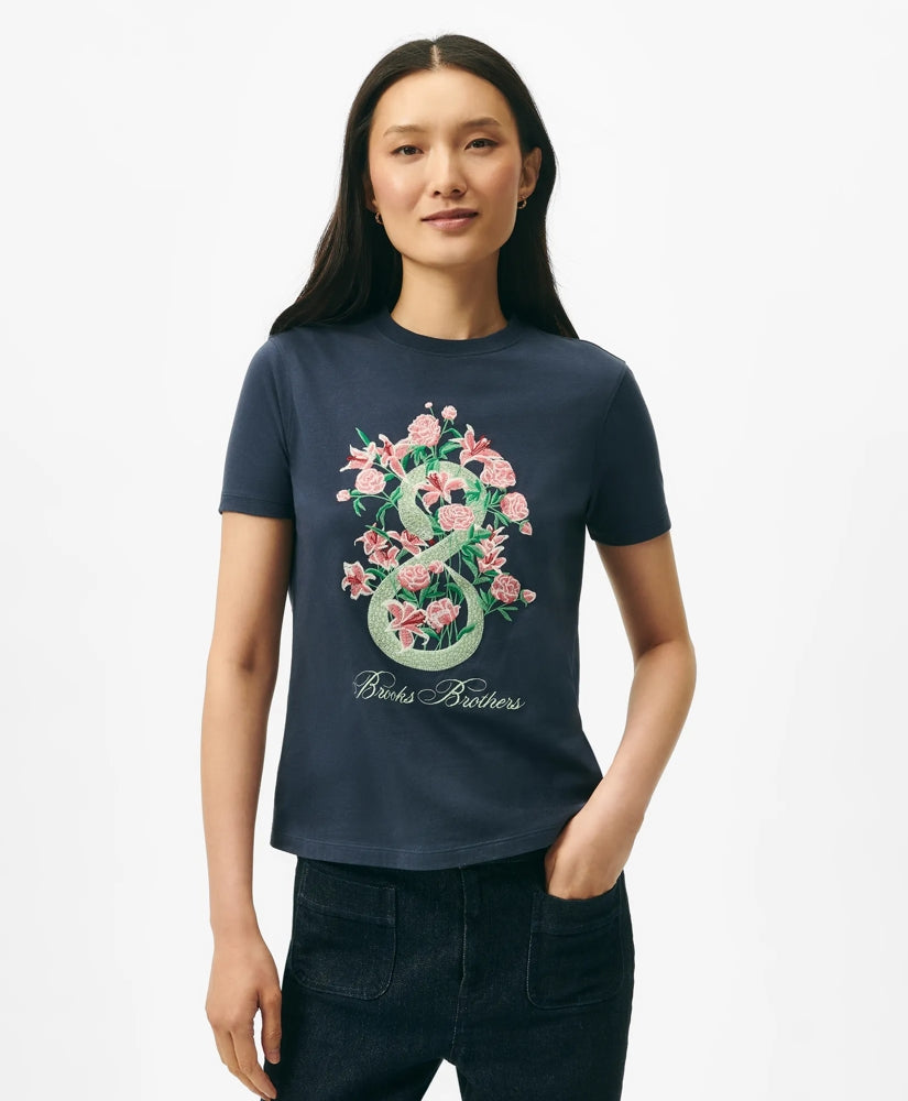 Sale Women's Lunar New Year Cotton Embroidered Bouquet Snake Motif T-Shirt | Brooks Brothers Outlet